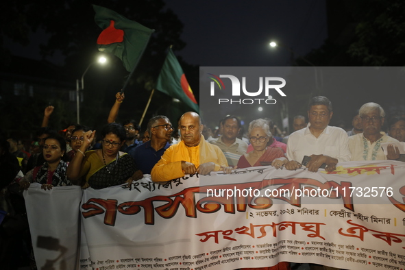 Minority people participate in a protest demanding protections for Hindus and other minorities in Dhaka, Bangladesh, on November 2, 2024. Fo...