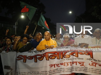 Minority people participate in a protest demanding protections for Hindus and other minorities in Dhaka, Bangladesh, on November 2, 2024. Fo...