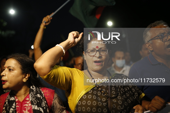 Minority people participate in a protest demanding protections for Hindus and other minorities in Dhaka, Bangladesh, on November 2, 2024. Fo...