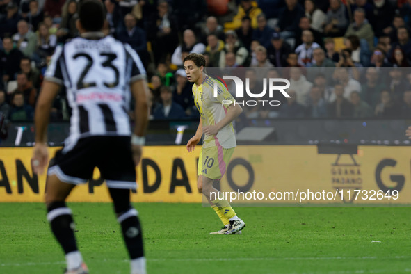 Kenan Yildiz of Juventus participates in the Italian Serie A Enilive soccer championship football match between Udinese Calcio and Juventus...