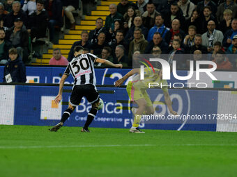 Kenan Yildiz of Juventus plays against Lautaro Giannetti of Udinese during the Italian Serie A Enilive soccer championship match between Udi...