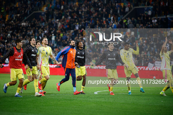 A Juventus player celebrates after winning the match during the Italian Serie A Enilive soccer championship football match between Udinese C...