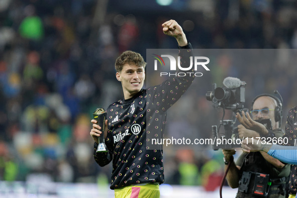 Nicolo Savona of Juventus participates in the Italian Serie A Enilive soccer championship match between Udinese Calcio and Juventus FC at Bl...