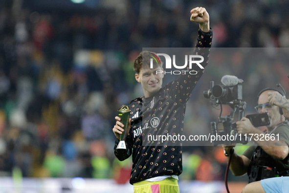 Nicolo Savona of Juventus participates in the Italian Serie A Enilive soccer championship match between Udinese Calcio and Juventus FC at Bl...