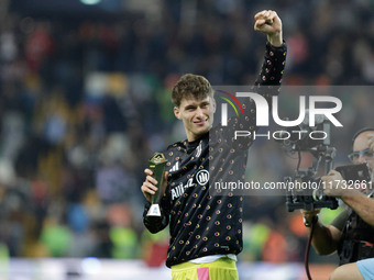 Nicolo Savona of Juventus participates in the Italian Serie A Enilive soccer championship match between Udinese Calcio and Juventus FC at Bl...