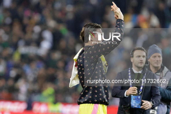 Dusan Vlahovic of Juventus participates in the Italian Serie A Enilive soccer championship football match between Udinese Calcio and Juventu...