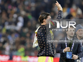 Dusan Vlahovic of Juventus participates in the Italian Serie A Enilive soccer championship football match between Udinese Calcio and Juventu...