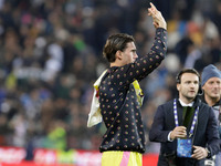 Dusan Vlahovic of Juventus participates in the Italian Serie A Enilive soccer championship football match between Udinese Calcio and Juventu...