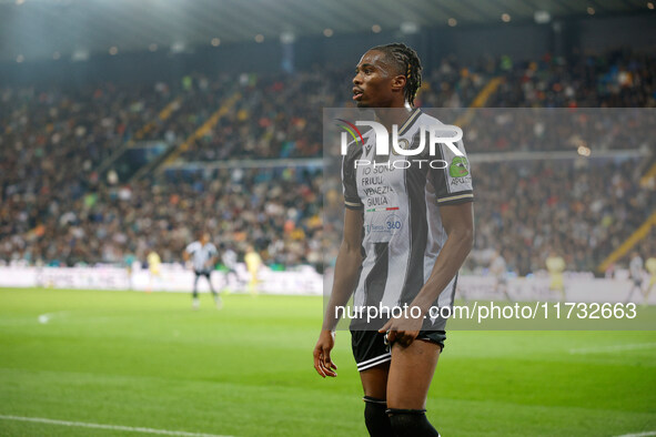 Kingsley Ehizibue of Udinese participates in the Italian Serie A Enilive soccer championship match between Udinese Calcio and Juventus FC at...