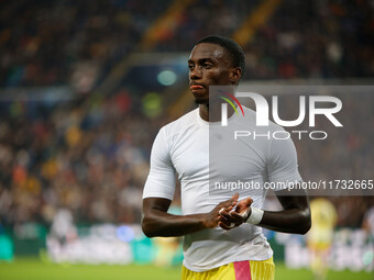 Timothy Weah of Juventus participates in the Italian Serie A Enilive soccer championship match between Udinese Calcio and Juventus FC at Blu...