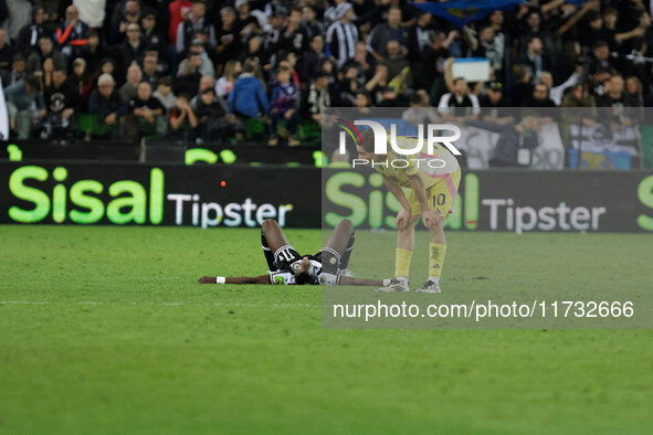 Hassane Kamara of Udinese shows disappointment during the Italian Serie A Enilive soccer championship match between Udinese Calcio and Juven...