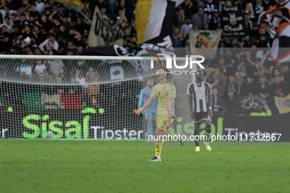 Kenan Yildiz of Juventus celebrates after winning the match during the Italian Serie A Enilive soccer championship football match between Ud...