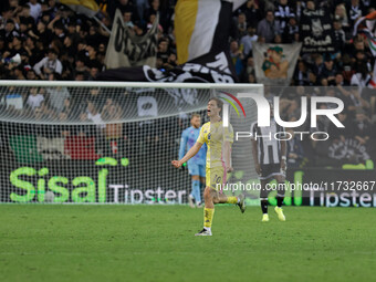 Kenan Yildiz of Juventus celebrates after winning the match during the Italian Serie A Enilive soccer championship football match between Ud...