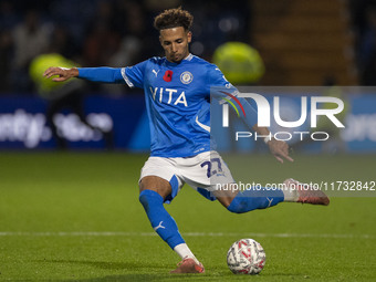 Odin Bailey, number 27 of Stockport County F.C., is in action during the FA Cup First Round match between Stockport County and Forest Green...