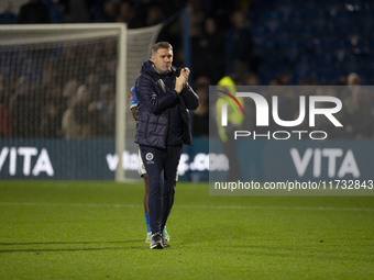 Stockport County manager Dave Challinor applauds at full time during the FA Cup First Round match between Stockport County and Forest Green...