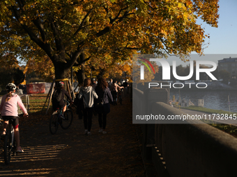 People walk among trees with autumn yellow leaves in Krakow, Poland, on October 19, 2024. (