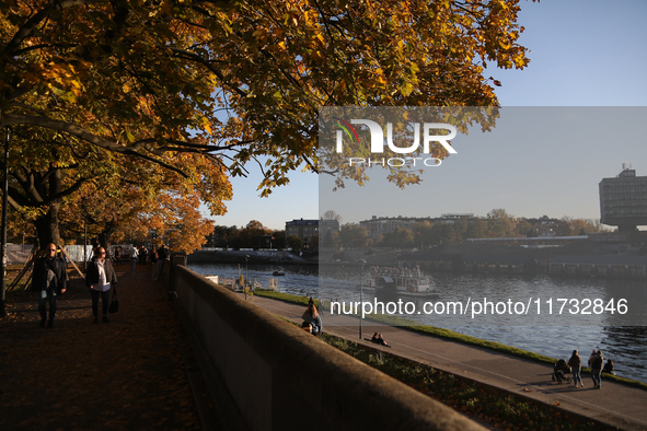 People walk among trees with autumn yellow leaves in Krakow, Poland, on October 19, 2024. 