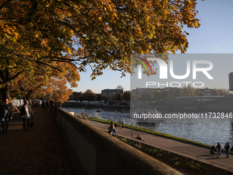 People walk among trees with autumn yellow leaves in Krakow, Poland, on October 19, 2024. (