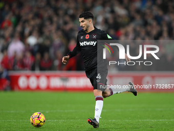 Carlos Soler of West Ham United participates in the Premier League match between Nottingham Forest and West Ham United at the City Ground in...