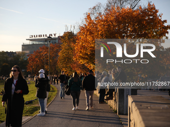 People walk among trees with autumn yellow leaves in Krakow, Poland, on October 19, 2024. (