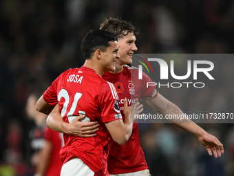 Ramon Sosa of Nottingham Forest and Ryan Yates of Nottingham Forest celebrate victory during the Premier League match between Nottingham For...