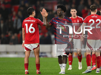 Nicolas Dominguez of Nottingham Forest and Ola Aina of Nottingham Forest celebrate victory during the Premier League match between Nottingha...