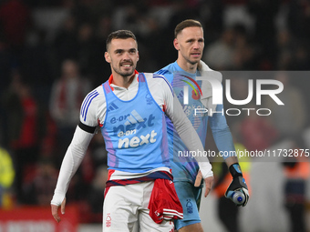 Harry Toffolo of Nottingham Forest and Matz Sels, the Nottingham Forest goalkeeper, celebrate victory during the Premier League match betwee...