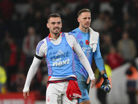 Harry Toffolo of Nottingham Forest and Matz Sels, the Nottingham Forest goalkeeper, celebrate victory during the Premier League match betwee...