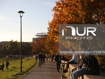 People walk among trees with autumn yellow leaves in Krakow, Poland, on October 19, 2024. (