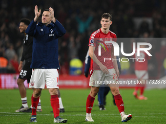 Chris Wood and Ryan Yates of Nottingham Forest celebrate victory during the Premier League match between Nottingham Forest and West Ham Unit...