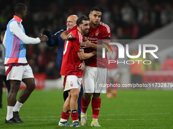 Jota Silva of Nottingham Forest and Murillo of Nottingham Forest celebrate victory during the Premier League match between Nottingham Forest...