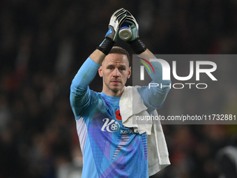 Matz Sels, Nottingham Forest goalkeeper, celebrates victory during the Premier League match between Nottingham Forest and West Ham United at...