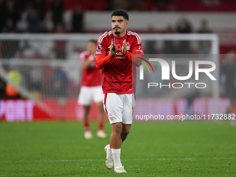 Morgan Gibbs-White of Nottingham Forest celebrates victory during the Premier League match between Nottingham Forest and West Ham United at...