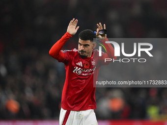 Morgan Gibbs-White of Nottingham Forest celebrates victory during the Premier League match between Nottingham Forest and West Ham United at...