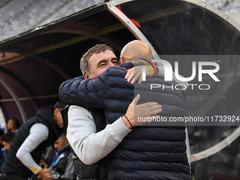 Gheorghe Hagi and Vasile Miriuta are in action during the Romanian Cup match between Sanatatea Cluj and Farul Constanta in Cluj, Romania, on...