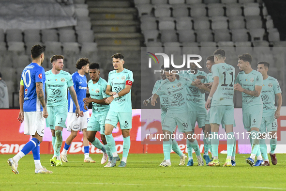 Players of Sanatatea Cluj celebrate during the Romanian Cup match between Sanatatea Cluj and Farul Constanta at Cluj Arena in Cluj, Romania,...