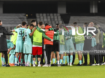 Players of Sanatatea Cluj participate in the Romanian Cup match, Sanatatea Cluj vs. Farul Constanta, in Cluj, Romania, on October 31, 2024,...