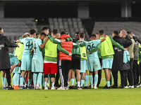 Players of Sanatatea Cluj participate in the Romanian Cup match, Sanatatea Cluj vs. Farul Constanta, in Cluj, Romania, on October 31, 2024,...