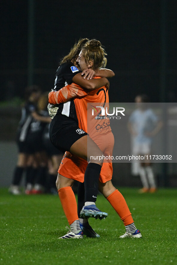 Berta Bou Salas and Astrid Gilardi of F.C. Como Women celebrate the goal of Dominika Skorvankova of F.C. Como Women during the 8th day of th...