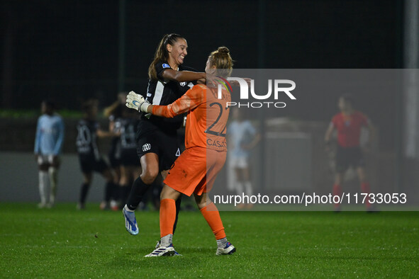 Berta Bou Salas and Astrid Gilardi of F.C. Como Women celebrate the goal of Dominika Skorvankova of F.C. Como Women during the 8th day of th...