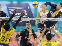 Lorenzo Cortesia of Rana Verona spikes the ball during the match between Rana Verona and Valsa Group Modena in the regular season of the Sup...