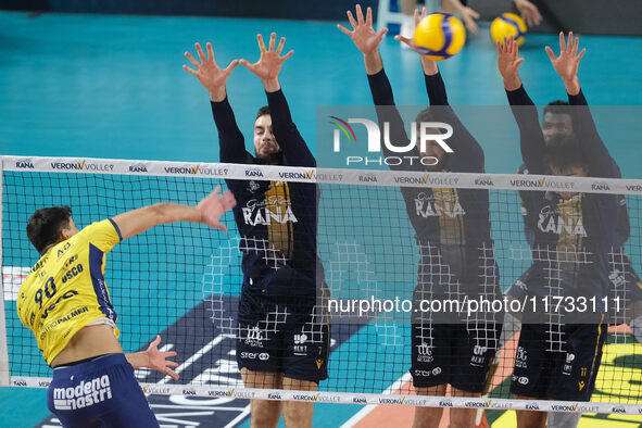 Konstantin Abaev blocks for Rana Verona during the match between Rana Verona and Valsa Group Modena in the regular season of the SuperLega I...