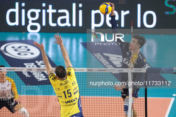 Francesco Sani of Rana Verona attacks during the match between Rana Verona and Valsa Group Modena in the regular season of the SuperLega Ita...