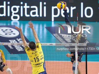 Francesco Sani of Rana Verona attacks during the match between Rana Verona and Valsa Group Modena in the regular season of the SuperLega Ita...