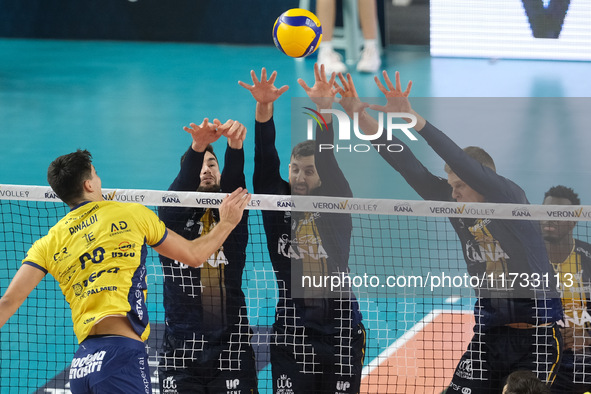 Konstantin Abaev blocks for Rana Verona during the match between Rana Verona and Valsa Group Modena in the regular season of the SuperLega I...