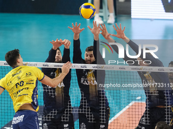 Konstantin Abaev blocks for Rana Verona during the match between Rana Verona and Valsa Group Modena in the regular season of the SuperLega I...