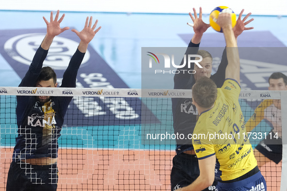 Donovan Dzavoronok of Rana Verona blocks during the match between Rana Verona and Valsa Group Modena in the regular season of the SuperLega...