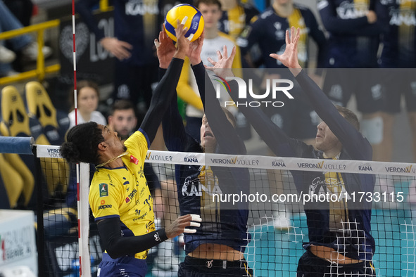 Donovan Dzavoronok of Rana Verona blocks during the match between Rana Verona and Valsa Group Modena in the regular season of the SuperLega...