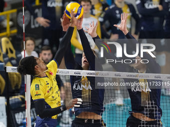 Donovan Dzavoronok of Rana Verona blocks during the match between Rana Verona and Valsa Group Modena in the regular season of the SuperLega...