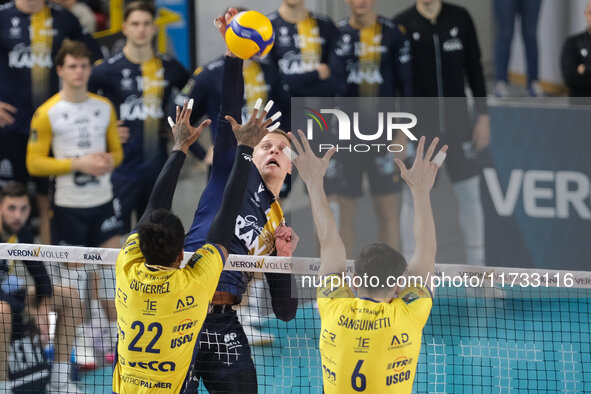 Donovan Dzavoronok of Rana Verona attacks during the match between Rana Verona and Valsa Group Modena in the regular season of the SuperLega...